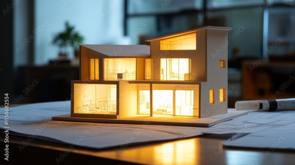 Aufkleber Lit architectural model on desk with blueprint.