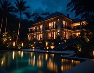 Luxurious Villa at Night with Illuminated Pool and Tropical Landscape