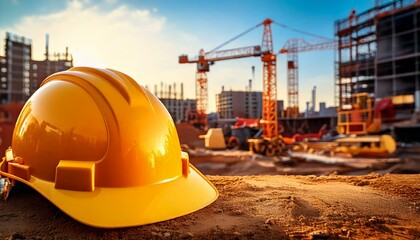 Construction. Repair work. Drawings for building and yellow helmet on the background of a construction site.