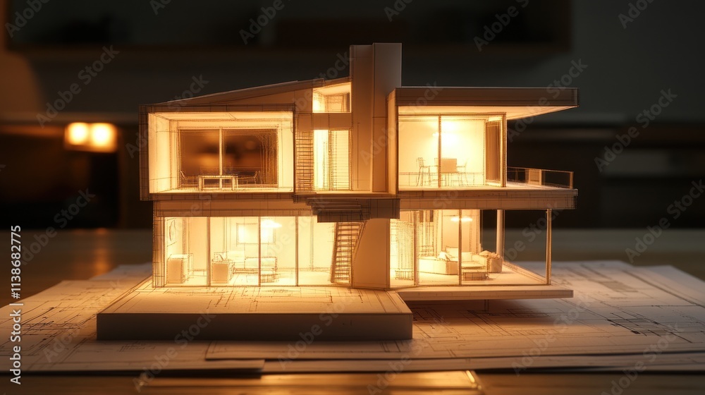 Poster illuminated house architectural model on blueprints in a dark room.