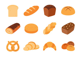 Bread flat set, organic bakery food. Rye, wheat, whole grain loaf, croissant, pretzel, farmhouse brown, white hamburger bun, whole and sliced baked goods gluten free, baked white slice, sweet roll
