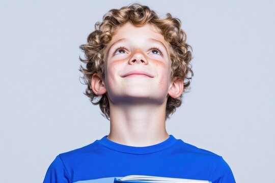 Caucasian young boy with curly hair smiling upward in blue shirt - Powered by Adobe