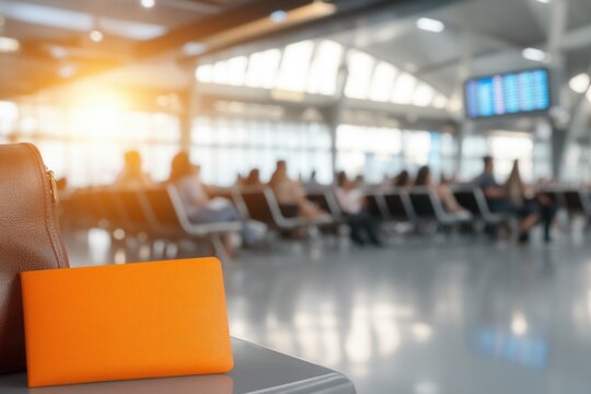 Orange travel wallet in focus at busy airport terminal