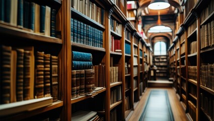 old library, rows of bookshelves, wooden ladders, antique books, warm lighting, arched ceiling, cozy atmosphere, narrow aisle, leather-bound tomes, scholarly ambiance, historic archives, dusty volumes