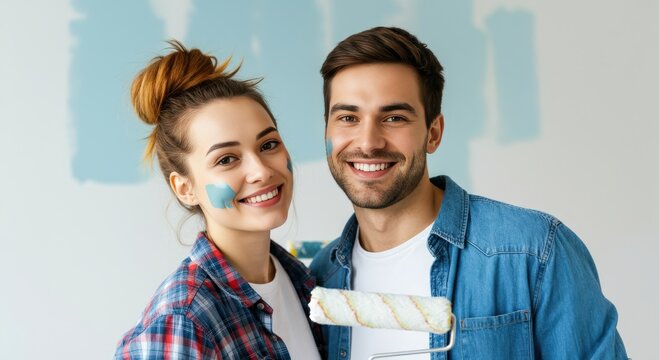Young caucasian couple painting a room together in casual outfits - Powered by Adobe