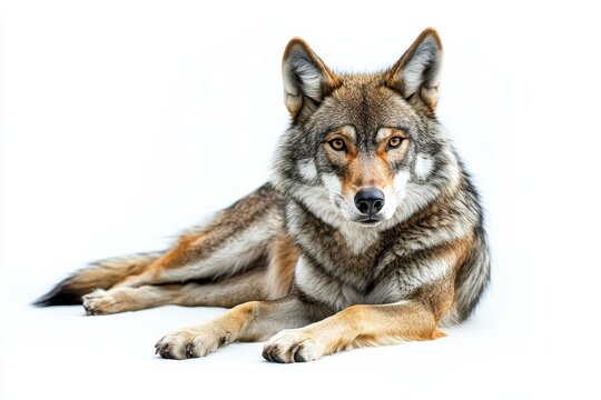 Majestic gray wolf resting on white background.