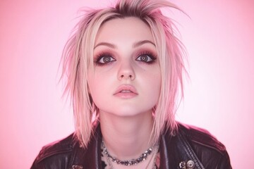 Edgy young caucasian female with short blonde hair and dramatic makeup in pink background