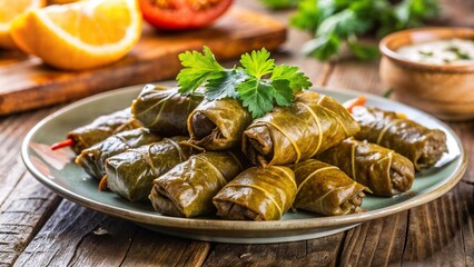 Traditional dolma wrapped in grape leaves served with parsley garnish