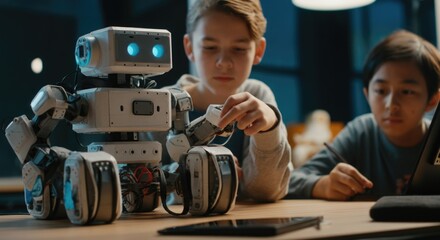 Caucasian and asian teens engaged in robotics project with programmable robot