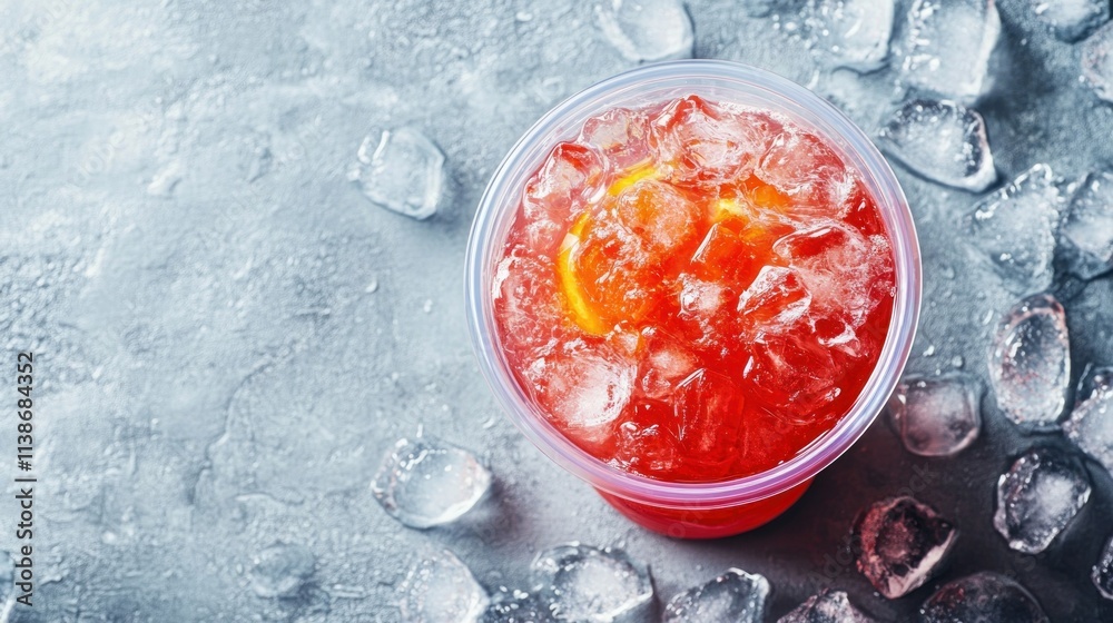 Poster Iced red drink with citrus on textured surface with ice.
