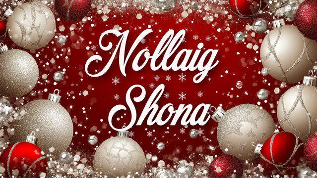 Elegant Christmas Background with Silver Elements and "Nollaig Shona" Festive Greeting in Irish