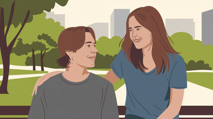 Fototapeta premium Couple Sitting on a Bench in a Park