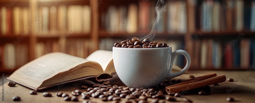 Poster steaming coffee beans in cup with open book, library.