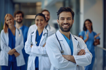 Kind hospital doctors smile, symbolizing their care for patients and the benefits of medicine, highlighting healthcare and health care.