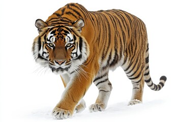 Obraz premium Majestic tiger striding through snow.
