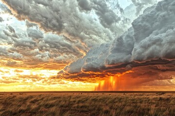 Naklejka premium Dramatic sunset thunderstorm over grassy plains with illuminated clouds