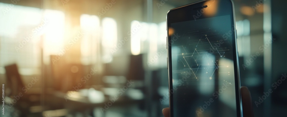 Poster Hand holds phone displaying data graph in blurry office.
