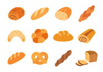 Bread and baked goods flat icon set. Gluten free farmers pastry food. Wheat loaf, pita, pretzel, ciabatta, brioche, challah, whole grain white baked piece, sweet roll, rye sliced toast, brown slice