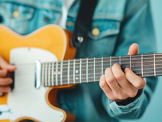 Fototapeta premium musician playing electric guitar, focusing on fretboard with denim jacket in soft lighting