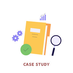 Studying information, facts. Concept of case study, searching business information, analyze of product features. Vector illustration in flat design for web banner