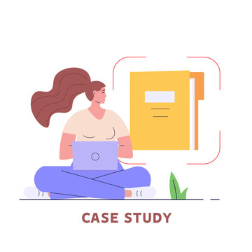 Woman studying information, facts. Concept of case study, searching business information, analyze of product features. Vector illustration in flat design for web banner