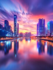 Obraz premium Stunning Modern Cityscape Reflected on Tranquil Water at Colorful Dusk