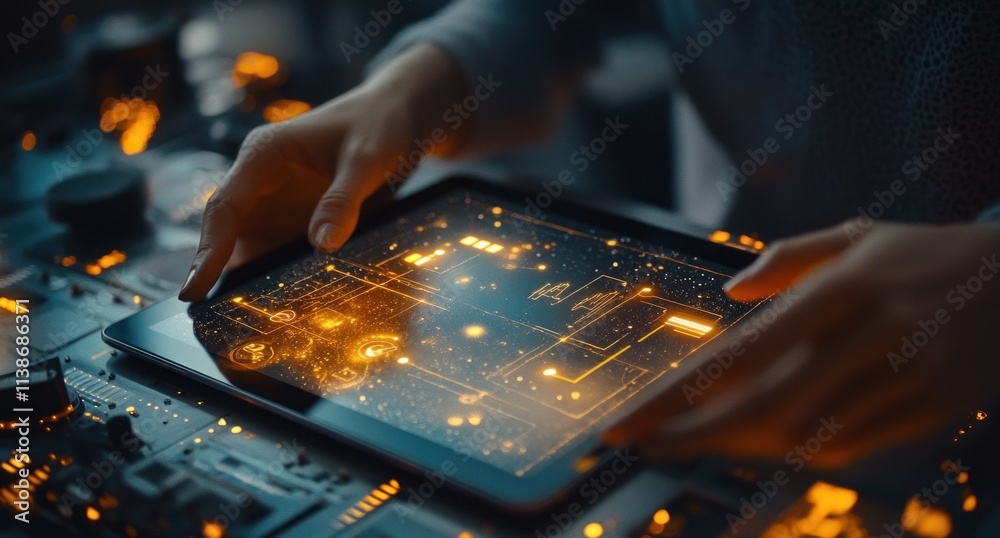 Poster hands hold glowing tablet above circuitry, futuristic tech vision.