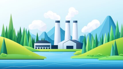 Scenic Industrial Landscape with Smokestacks and Lush Greenery