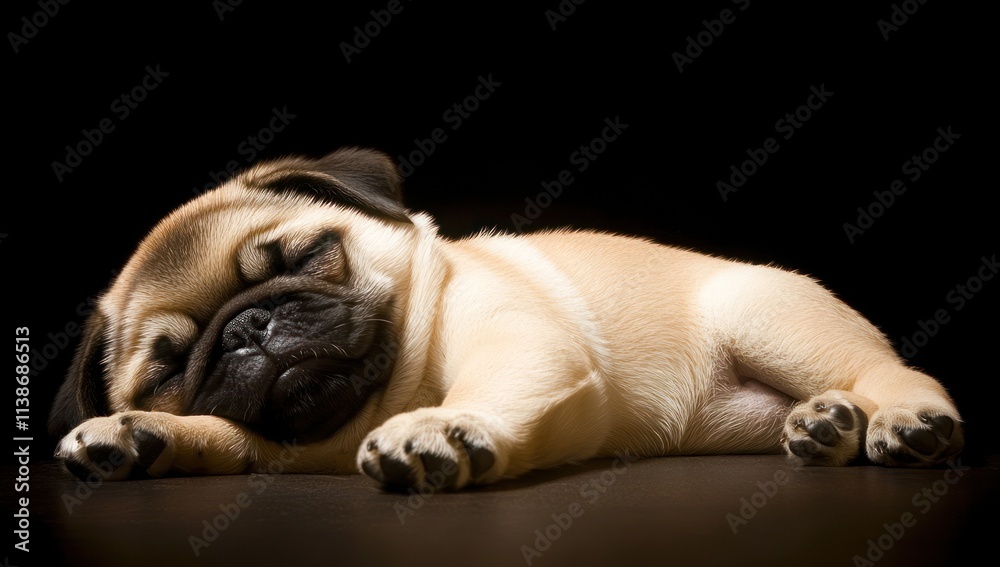 Poster sleeping pug puppy resting on dark surface.