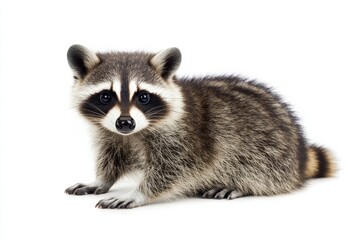 Adorable baby raccoon on white background.