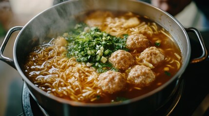 Steaming hot noodle soup with meatballs, greens.