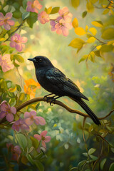 Obraz premium A Blackbird's Reverie: Harmony in Nature's Embrace Amidst Lush Foliage and Tranquil Scenes in a Vibrant Garden