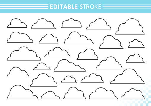 Outline clouds set drawn with black editable stroke and white fill. Cloudy shapes, simple contour rounded fluffy forms. Thin line cartoon soft cloud floating silhouettes. Clean airy smooth doodles