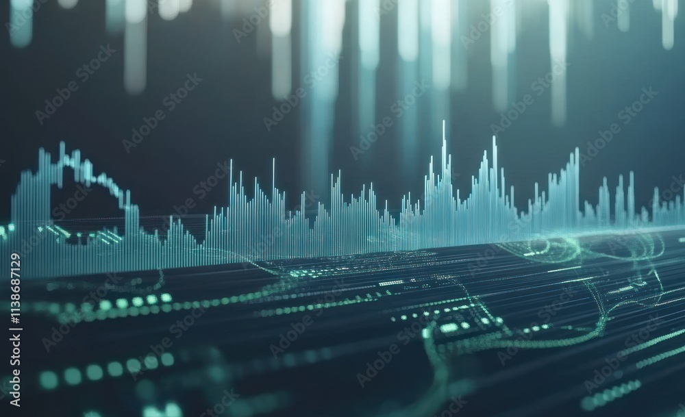 Aufkleber Abstract digital blue data wave with chart lines and bokeh effects.