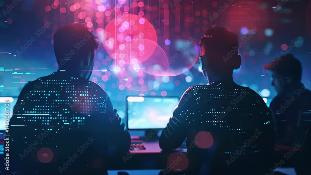 Wall mural two software developers are programming using a futuristic computer interface with glowing lines of 