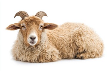 Fluffy sheep resting on white background