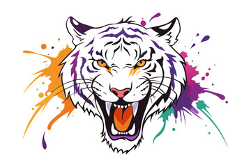 Furious Tiger Line Drawing with Watercolor Ink Splash and Alcohol Ink Art