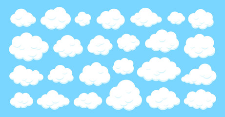 Cloud flat set. Weather, atmosphere sign, white silhouette, soft fluffy shapes, smooth edges, rounded simple outlines. Minimal cumulus elements, bright cartoon cloudlet gentle airy abstract curves