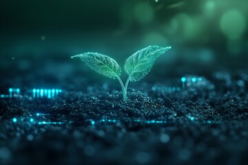Digital plant sprout in soil. Futuristic green technology concept. Sustainable innovation, eco-friendly business growth. Cybernature visualization with copy space
