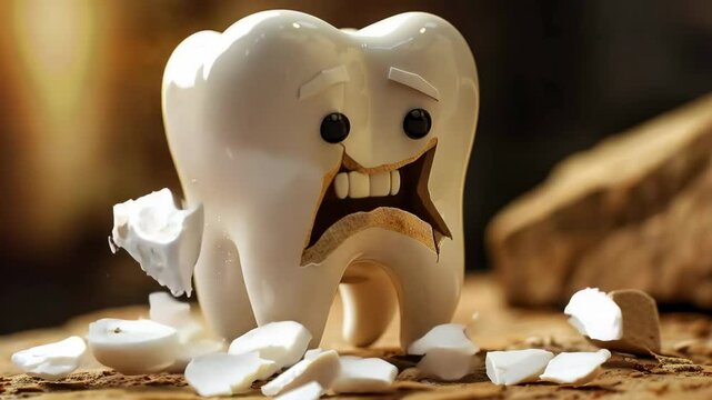 Illustrated tooth character breaking into pieces on wooden surface in humorous stop motion animation