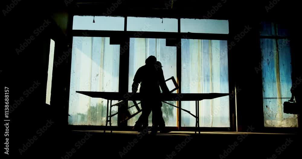 Poster Building, industrial and silhouette of construction worker people on site for property development. Architecture, collaboration and infrastructure with engineer team in office for project management