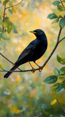 Obraz premium A Blackbird's Reverie: Harmony in Nature's Embrace Amidst Lush Foliage and Tranquil Scenes in a Vibrant Garden