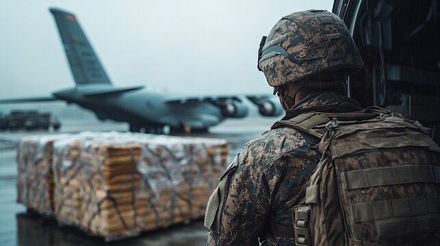 A military personnel member is looking at a cargo plane full of boxes on the tarmac.