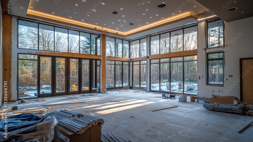 Poster Unfinished room with large windows overlooking forest in construction.
