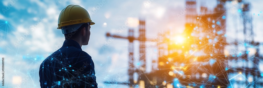Poster engineer observing construction site with data overlay.