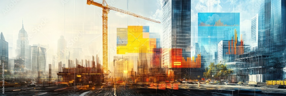 Poster City construction with data overlay, showing progress and development metrics.