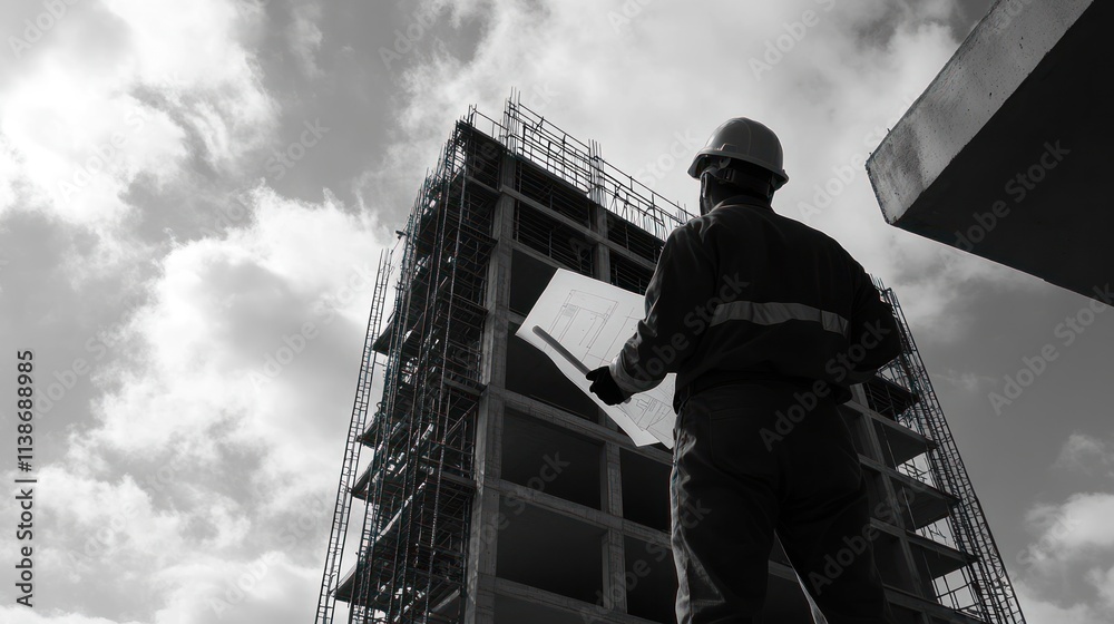 Poster Builder with blueprint stands before an under construction building in monotone.