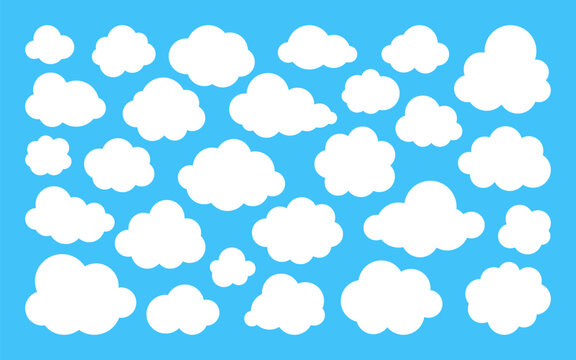 White fluffy clouds flat set. Various shapes on blue sky. Simple cartoon cloudscape, soft edges minimal design cumulus cloud elements, light natural forms, playful floating clean airy weather symbols