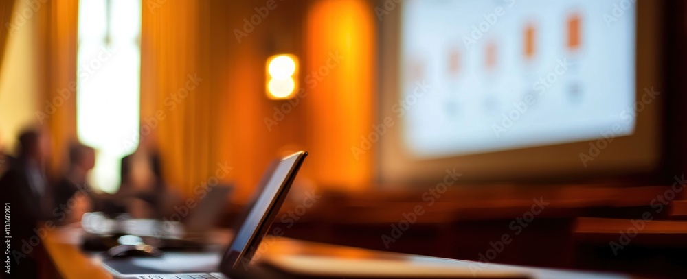 Poster blurred conference with laptops on a desk, projector in the background.