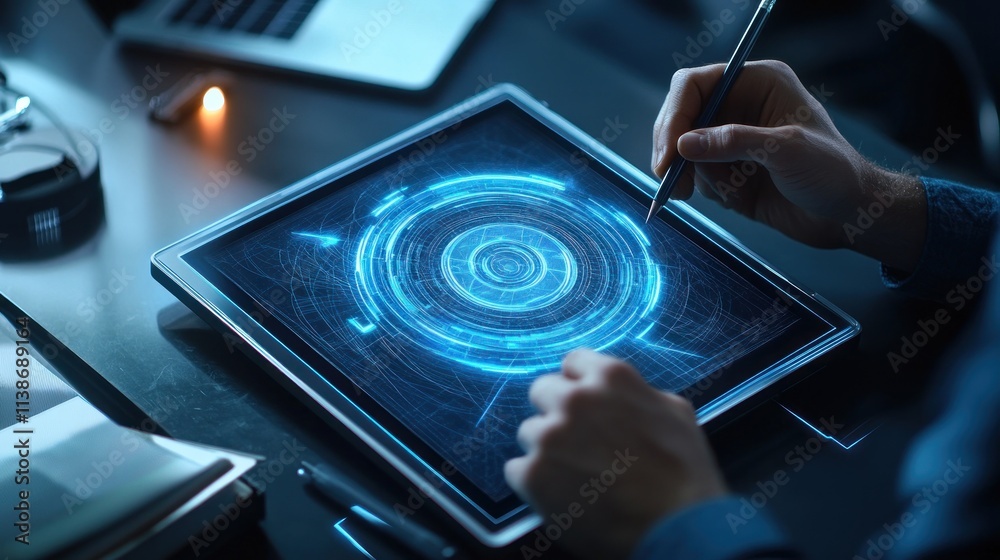 Aufkleber person using digital tablet with glowing ui drawing.